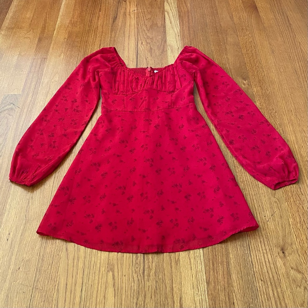 Hollister Red Long-Sleeve Floral Mini Dress